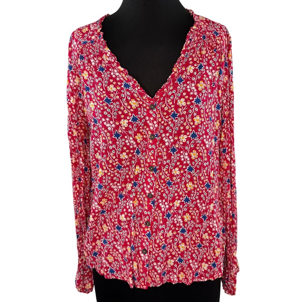 Maeve By Anthropologie Pink Blouse Floral Ruffle Deep V-Neck Front Button Sz 12